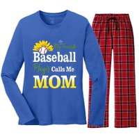 My Favorite Baseball Player Calls Me Mom Baseball Sunflower Gift Women's Long Sleeve Flannel Pajama Set 