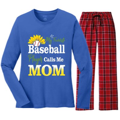 My Favorite Baseball Player Calls Me Mom Baseball Sunflower Gift Women's Long Sleeve Flannel Pajama Set 