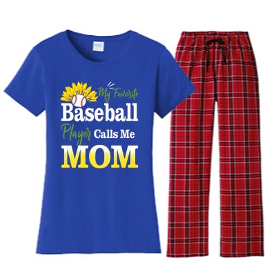 My Favorite Baseball Player Calls Me Mom Baseball Sunflower Gift Women's Flannel Pajama Set