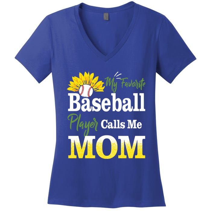 My Favorite Baseball Player Calls Me Mom Baseball Sunflower Gift Women's V-Neck T-Shirt