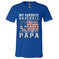 My Favorite Baseball Player Calls Me Papa American Flag V-Neck T-Shirt