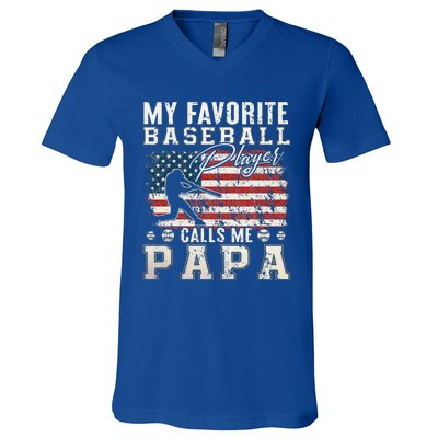 My Favorite Baseball Player Calls Me Papa American Flag V-Neck T-Shirt