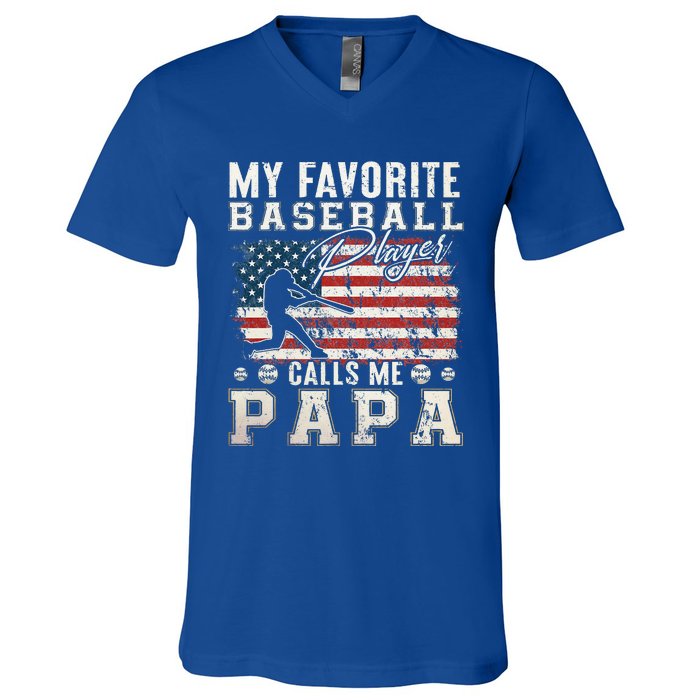 My Favorite Baseball Player Calls Me Papa American Flag V-Neck T-Shirt