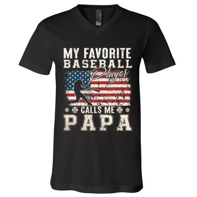 My Favorite Baseball Player Calls Me Papa American Flag V-Neck T-Shirt