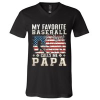 My Favorite Baseball Player Calls Me Papa American Flag V-Neck T-Shirt