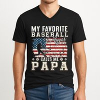 My Favorite Baseball Player Calls Me Papa American Flag V-Neck T-Shirt
