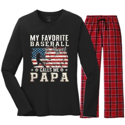 My Favorite Baseball Player Calls Me Papa American Flag Women's Long Sleeve Flannel Pajama Set 