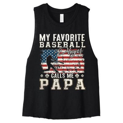 My Favorite Baseball Player Calls Me Papa American Flag Women's Racerback Cropped Tank