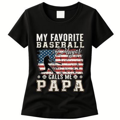 My Favorite Baseball Player Calls Me Papa American Flag Womens T-Shirt