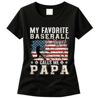 My Favorite Baseball Player Calls Me Papa American Flag Womens T-Shirt