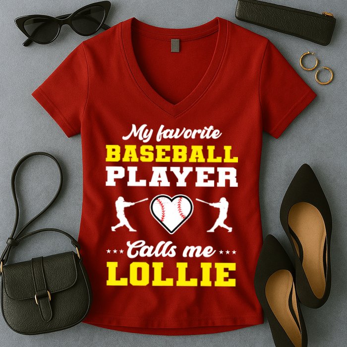 My Favorite Baseball Player Calls Me Lollie Mother's Day Women's V-Neck T-Shirt