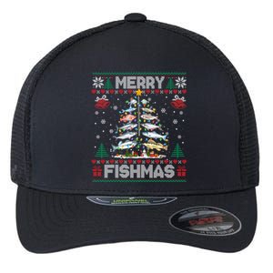 Merry Fishmas Bass Fish Fishing Christmas Ugly Sweater Xmas Gift Flexfit Unipanel Trucker Cap