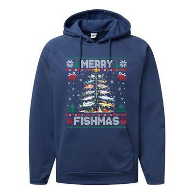 Merry Fishmas Bass Fish Fishing Christmas Ugly Sweater Xmas Gift Performance Fleece Hoodie