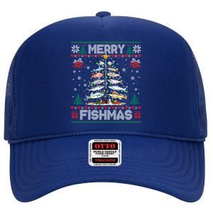 Merry Fishmas Bass Fish Fishing Christmas Ugly Sweater Xmas Gift High Crown Mesh Back Trucker Hat