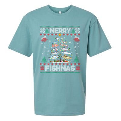 Merry Fishmas Bass Fish Fishing Christmas Ugly Sweater Xmas Gift Sueded Cloud Jersey T-Shirt