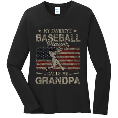 My Favorite Baseball Player Calls Me Grandpa FatherS Day Ladies Long Sleeve Shirt