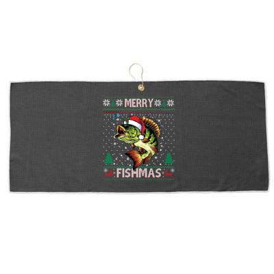 Merry Fishmas Bass Fish Fishing Christmas Ugly Sweater Xmas Gift Large Microfiber Waffle Golf Towel