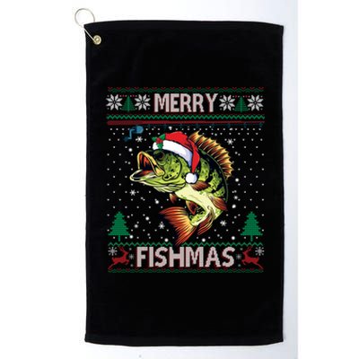 Merry Fishmas Bass Fish Fishing Christmas Ugly Sweater Xmas Gift Platinum Collection Golf Towel