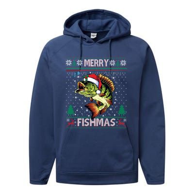 Merry Fishmas Bass Fish Fishing Christmas Ugly Sweater Xmas Gift Performance Fleece Hoodie