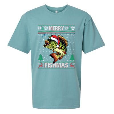 Merry Fishmas Bass Fish Fishing Christmas Ugly Sweater Xmas Gift Sueded Cloud Jersey T-Shirt