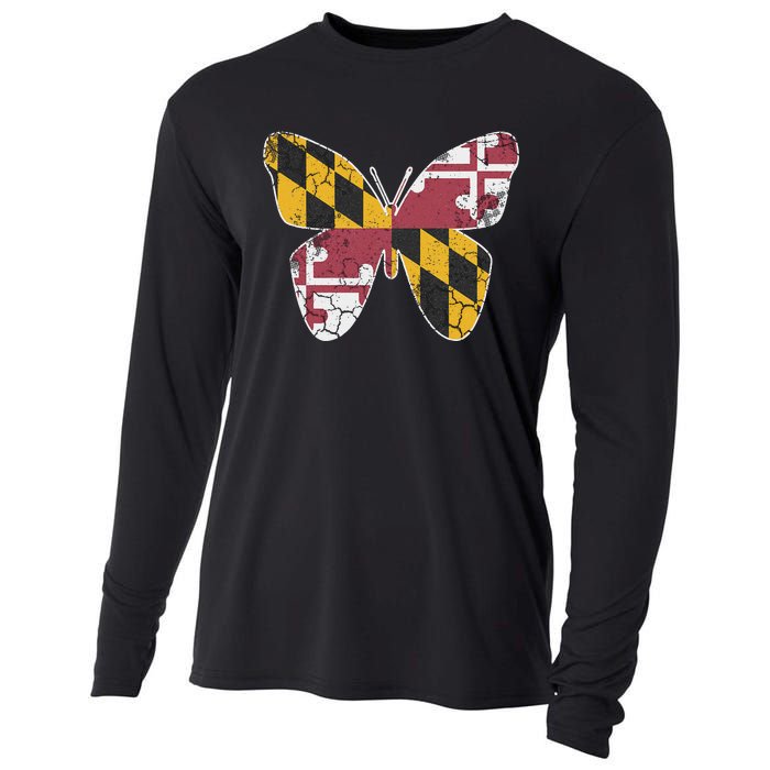 Maryland Flag Butterfly Home State Vintage Distressed Cooling Performance Long Sleeve Crew