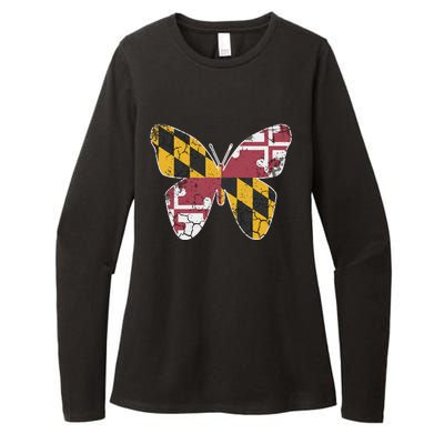 Maryland Flag Butterfly Home State Vintage Distressed Womens CVC Long Sleeve Shirt