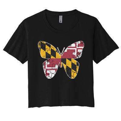 Maryland Flag Butterfly Home State Vintage Distressed Women's Crop Top Tee