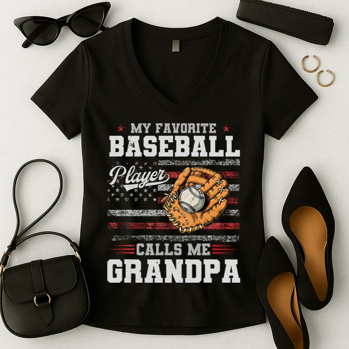 My Favorite Baseball Player Calls Me Grandpa Women's V-Neck T-Shirt