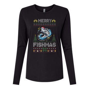 Merry Fishmas Bass Fish Fishing Christmas Ugly Sweater Xmas Womens Cotton Relaxed Long Sleeve T-Shirt