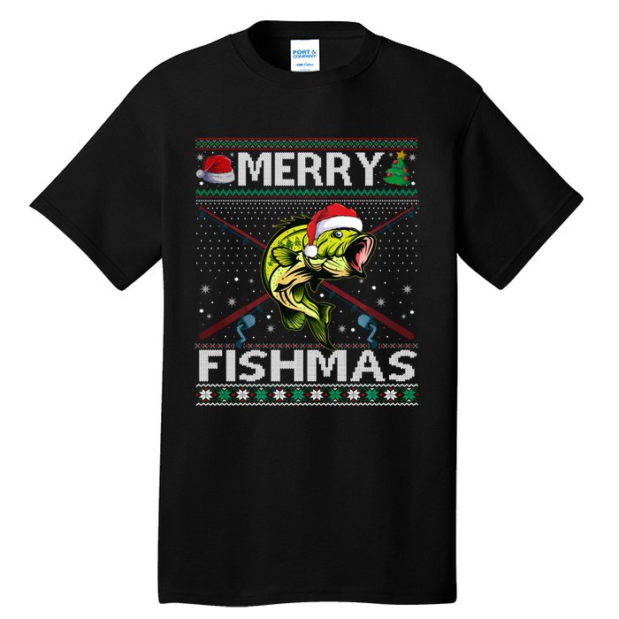 Merry Fishmas Bass Fish Fishing Christmas Ugly Sweater Xmas Sweat Tall T-Shirt