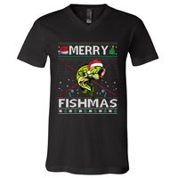 Merry Fishmas Bass Fish Fishing Christmas Ugly Sweater Xmas Sweat V-Neck T-Shirt