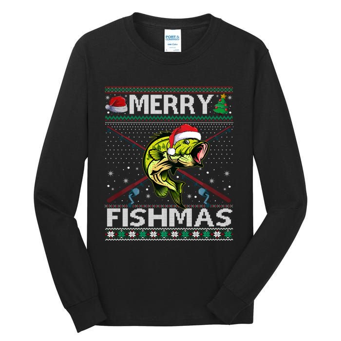 Merry Fishmas Bass Fish Fishing Christmas Ugly Sweater Xmas Sweat Tall Long Sleeve T-Shirt