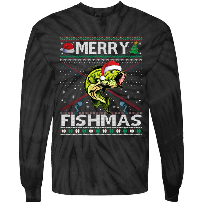 Merry Fishmas Bass Fish Fishing Christmas Ugly Sweater Xmas Sweat Tie-Dye Long Sleeve Shirt