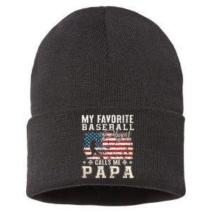 My Favorite Baseball Player Calls Me Papa American Flag Sustainable Knit Beanie