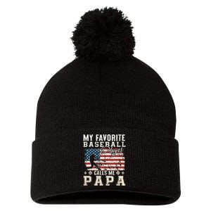 My Favorite Baseball Player Calls Me Papa American Flag Pom Pom 12in Knit Beanie