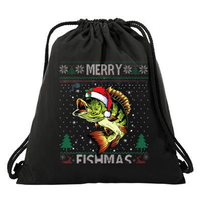 Merry Fishmas Bass Fish Fishing Christmas Ugly Sweater Xmas  Drawstring Bag