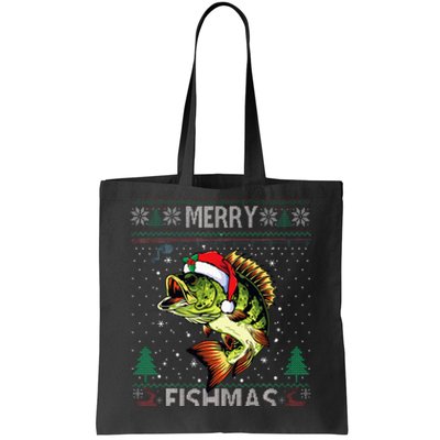 Merry Fishmas Bass Fish Fishing Christmas Ugly Sweater Xmas  Tote Bag