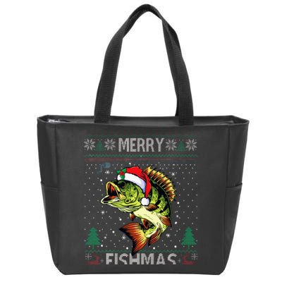 Merry Fishmas Bass Fish Fishing Christmas Ugly Sweater Xmas  Zip Tote Bag