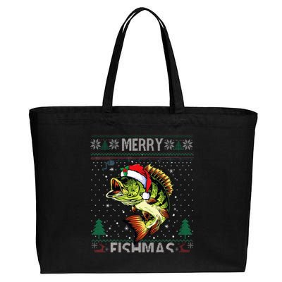 Merry Fishmas Bass Fish Fishing Christmas Ugly Sweater Xmas  Cotton Canvas Jumbo Tote