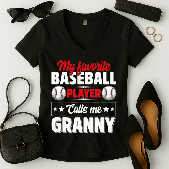 My Favorite Baseball Player Calls Me Granny Mother's Day Women's V-Neck T-Shirt