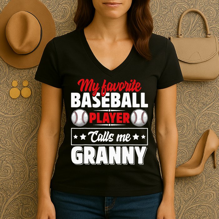 My Favorite Baseball Player Calls Me Granny Mother's Day Women's V-Neck T-Shirt
