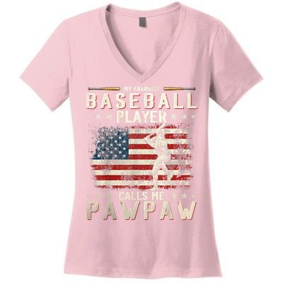 My Favorite Baseball Player Calls Me Pawpaw Flag Father Day Women's V-Neck T-Shirt
