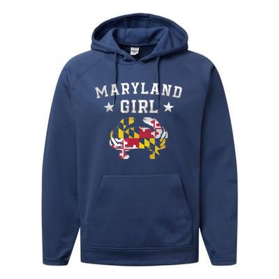 Maryland Flag Blue Crab State Pride Retro Tee Performance Fleece Hoodie