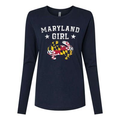 Maryland Flag Blue Crab State Pride Retro Tee Womens Cotton Relaxed Long Sleeve T-Shirt