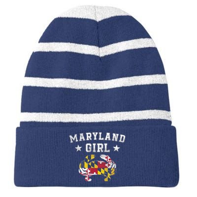 Maryland Flag Blue Crab State Pride Retro Tee Striped Beanie with Solid Band