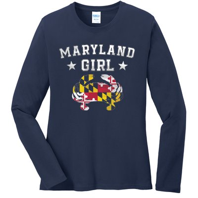 Maryland Flag Blue Crab State Pride Retro Tee Ladies Long Sleeve Shirt