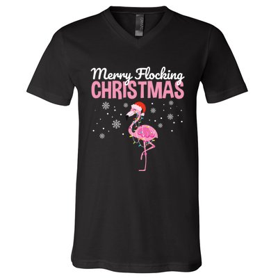 Merry Flocking Christmas Tropical Florida Flamingo Christmas V-Neck T-Shirt