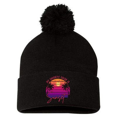 My Favorite Color Is Sunset Summer Retro Pom Pom 12in Knit Beanie