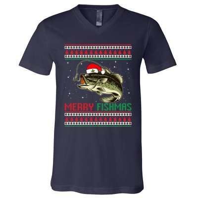 Merry Fishmas Christmas Fish Fisherman Funny Fishing V-Neck T-Shirt