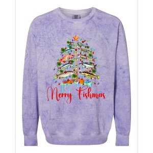 Merry Fishmas Christmas Tree Lights Fish Fishing Rod Colorblast Crewneck Sweatshirt